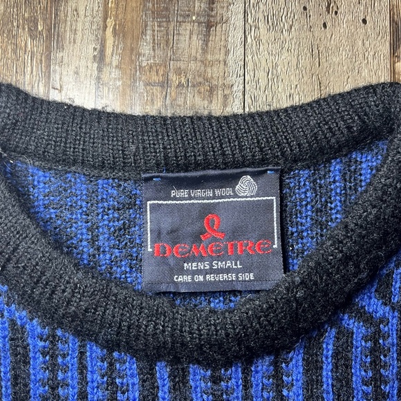 Vintage Demetre Thick Wool Blue and Black Sweater Men's Small - Picture 3 of 5